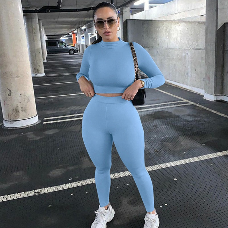 Winter Fitness 2 Two Piece Set Women Lounge wear Long Sleeve Crop Top + Leggings Bodycon Tracksuit Women Outfits Jogging Femme
