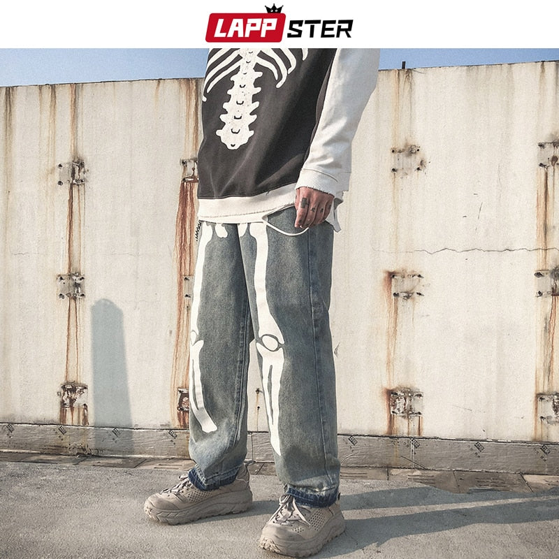 LAPPSTER Men Skeleton Oversized Black Jeans Pants 2023 Denim Mens Streetwear Hip Hop Harem Pants High Wasit Denim Pants Overalls