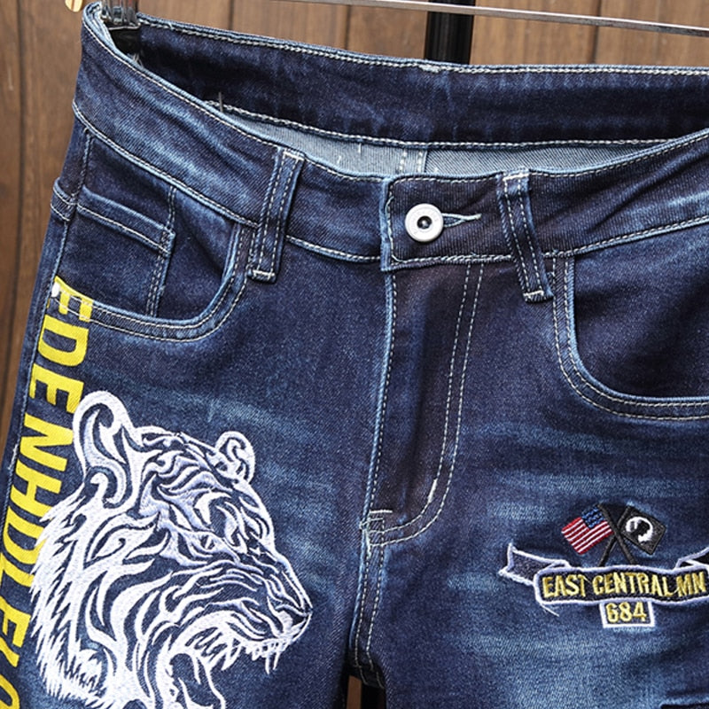 Male Jeans Men Men'S Jean Homme Denim Slim Fit Pants Trousers Blue Biker Printing Jeans For Men Skinny Casual Fashion Sweatpants