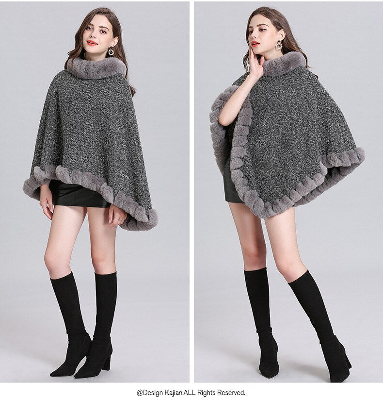 10 Colors Velvet Warm Pullover Cloak Winter Hole Faux Rabbit Fur  Street Wear Women Capes Solid Poncho Knitted O Neck Loose Coat