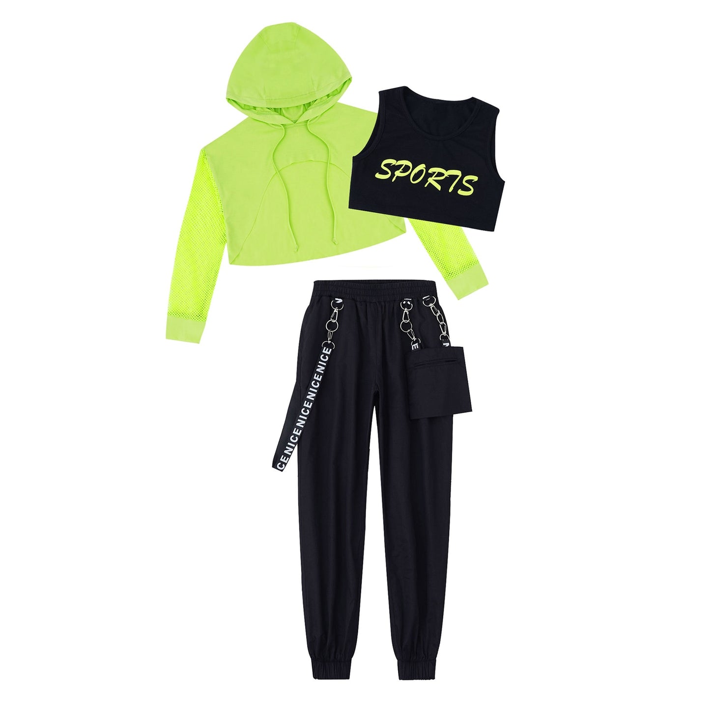 Hip Hop Girls Clothing Jazz Costumes Kids Hooded Net Cover Up Tops With Crop Vest And Pants Sports Set Modern Dance Street Wear