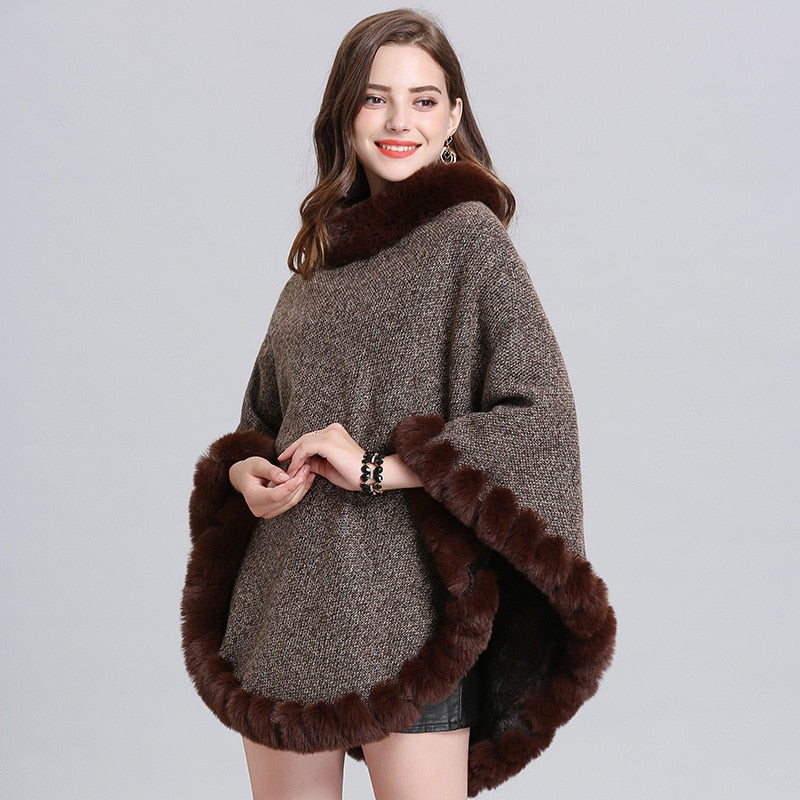 10 Colors Velvet Warm Pullover Cloak Winter Hole Faux Rabbit Fur  Street Wear Women Capes Solid Poncho Knitted O Neck Loose Coat