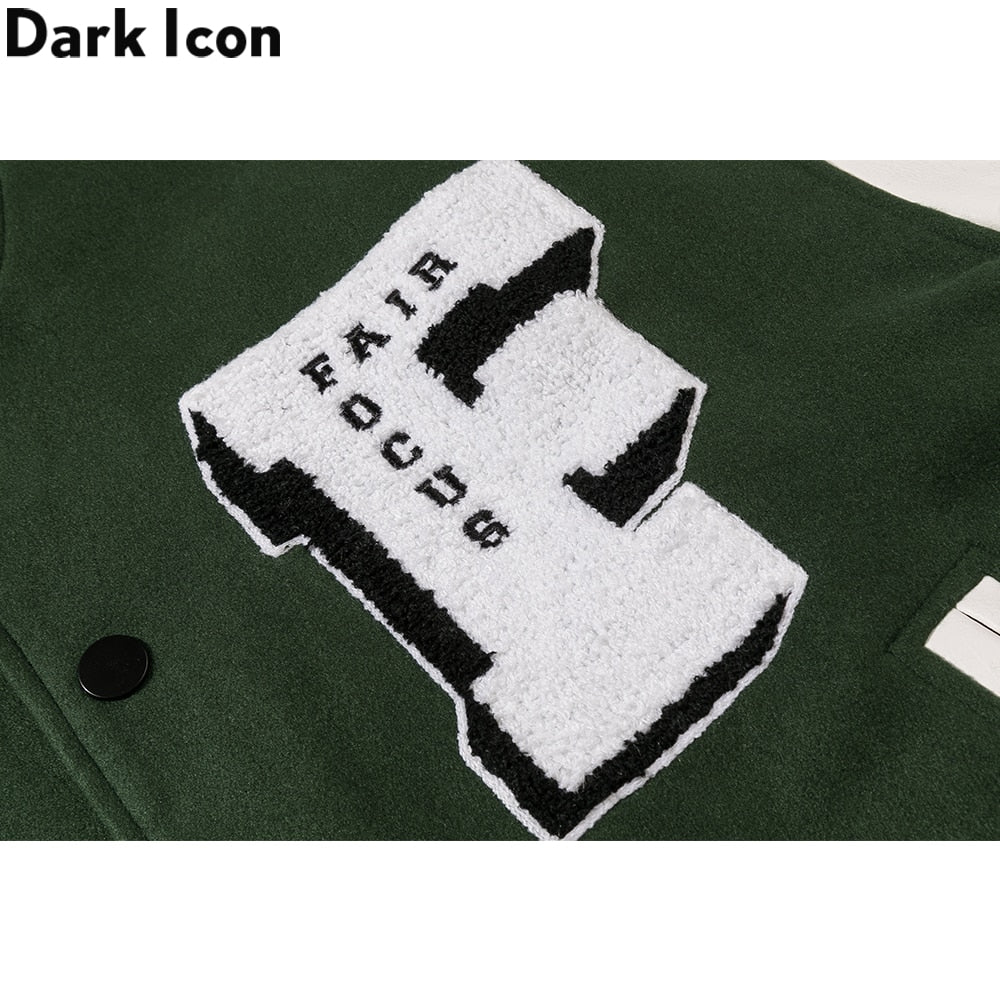 Dark Icon Embroidery Baseball Jacket Men Leather Patchwork High Street Men's Jackets Black Green
