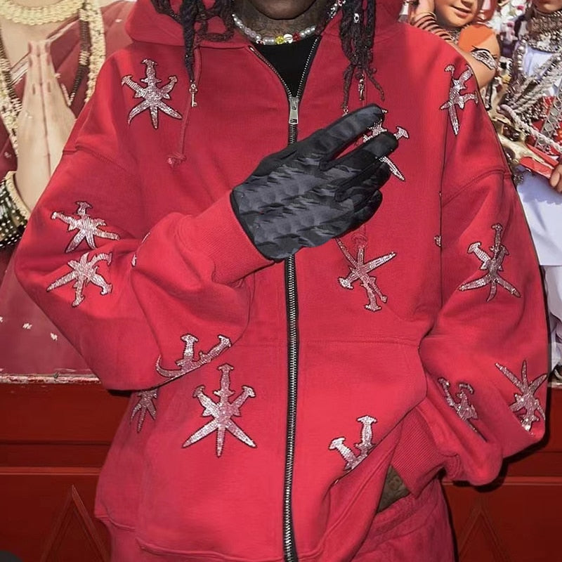 2022 Winter American Y2k High Street Red Black Hoodie Ironed Diamond Zip Up Cardigan Men Goth Couple Oversized Casual Sweatshirt