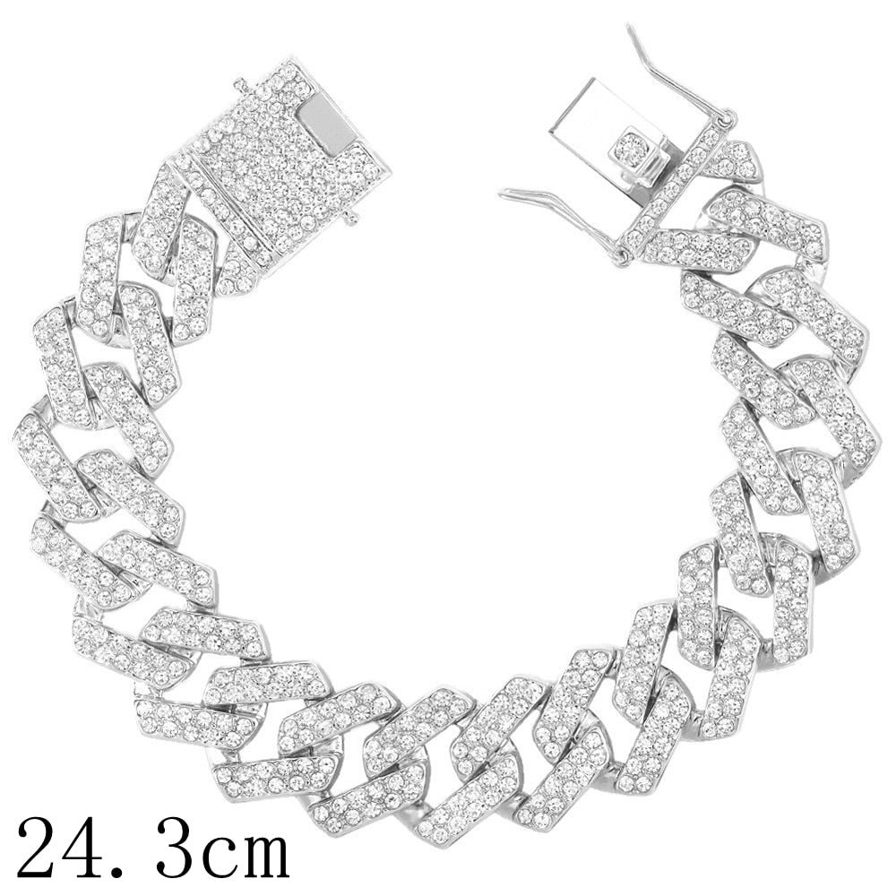 14/20MM Hip Hop Metal Cuban Bracelet Iced Out Chain Bling Full Rhinestone Pave Luxury Crystal Bracelet For Men's Jewelry Gift