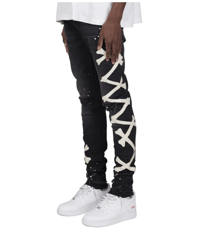 Ripped Jeans For Men Stretch Slim Printed Bones Skinny Pants Men Hip Hop Denim Trousers Streetwear Casual Stacked Jeans Blue