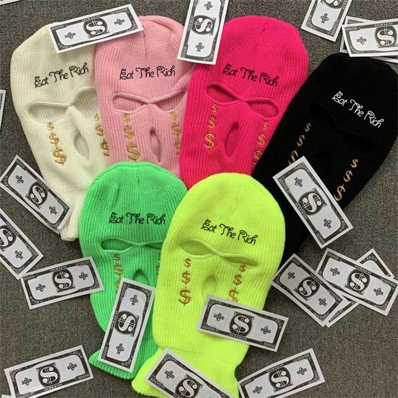 3Holes Winter Warm Unisex Balaclava Mask Hat Embroidery Full Face Mask Knitted Cycling Ski Snowboard Hat Cap Hip Hop Beanie Gift