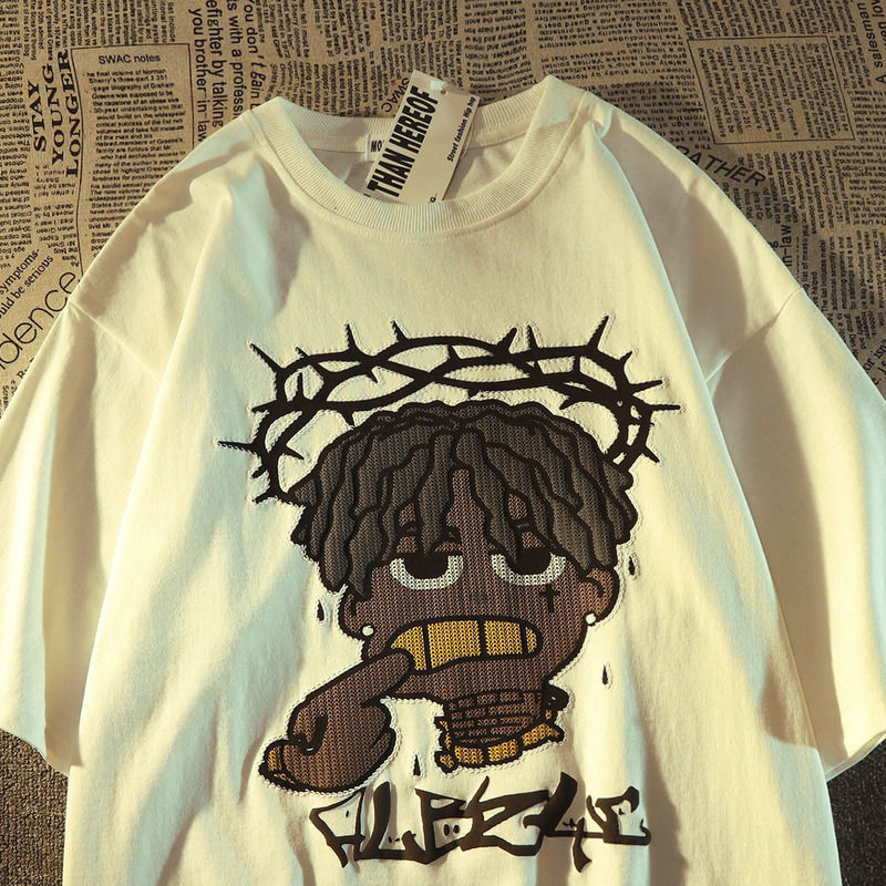 American Hip Hop Fashion Brand Portrait Short Sleeve T-shirt Men Summer ins Loose Versatile High Street Retro Half Sleeve Top
