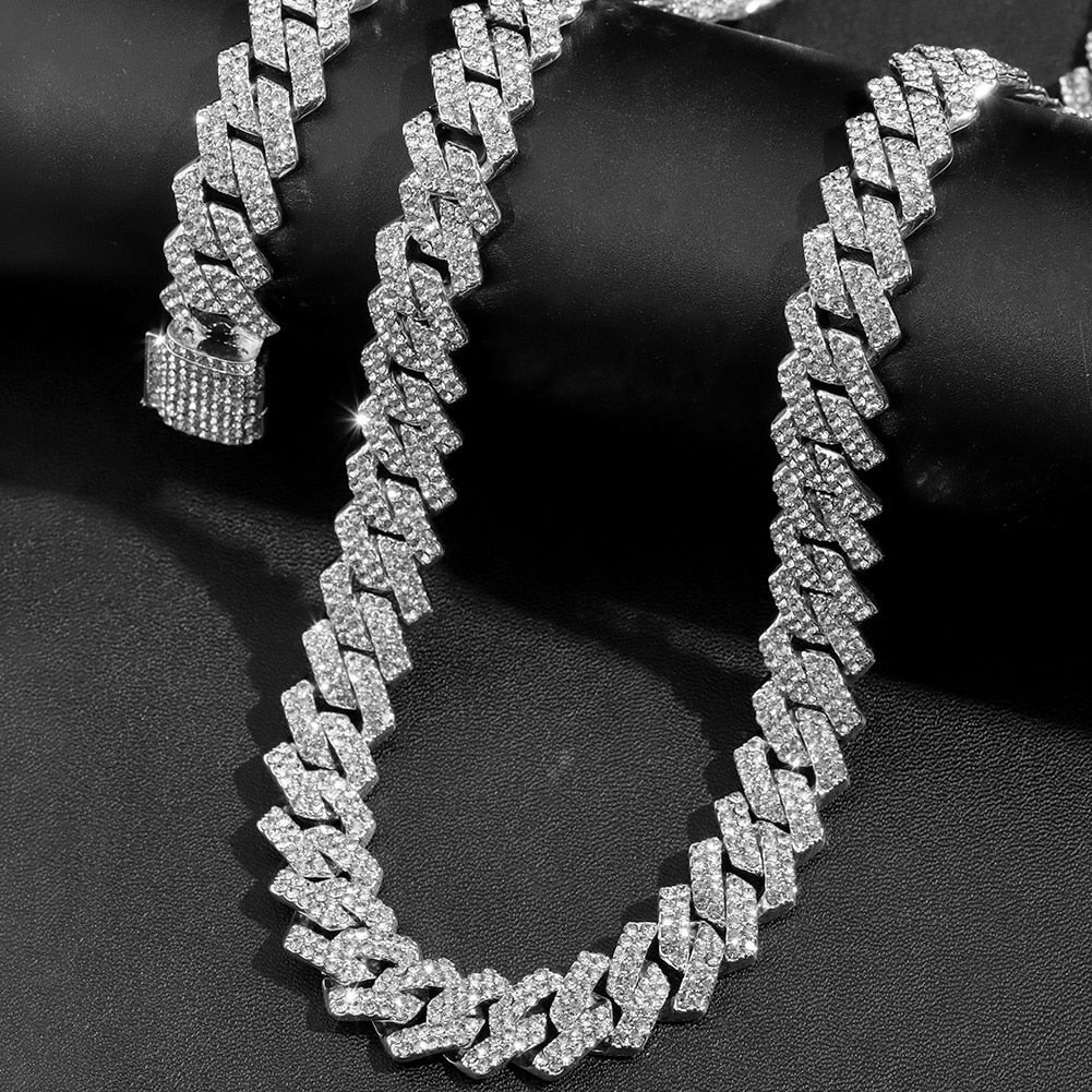 Hip Hop 14MM Prong Cuban Link Chain Necklace & Bracelet Iced Out Bling Cuban Chain Rhinestone Chains For Men Punk Rapper Jewelry