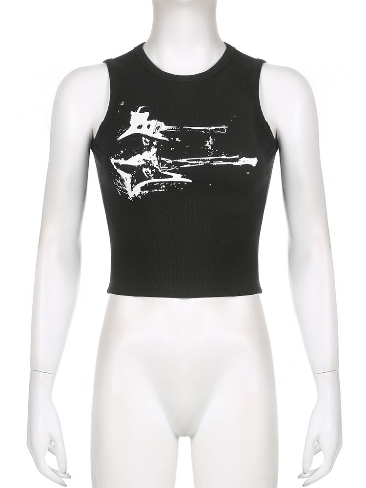 HEYounGIRL Guitar Print Sleeveless Tank Top Y2K Casual Ribbed Women Grunge Crop Top Harajuku Fashion Vest Tee 90s Street Outfits