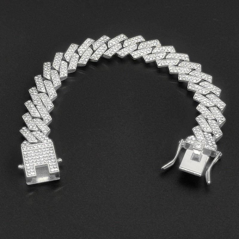 HipHop Men Women 13MM Prong Cuban Link Chain Bracelet Bling Iced Out 2 Row Rhinestone Paved Miami Rhombus Cuban Chain Jewelry