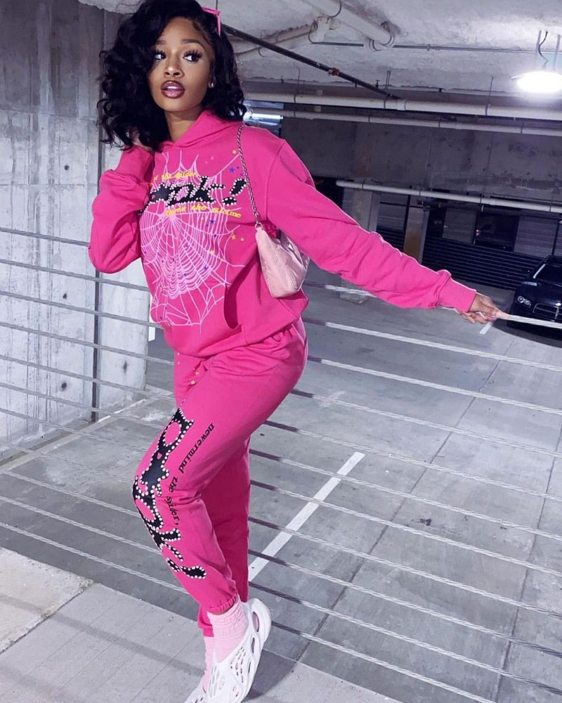 Hip Hop Spider Web Print Hoodies Men Fashion Long Sleeve Hooded Sweatshirts Pants Gothic Punk Oversized Winter Hoodie Tops