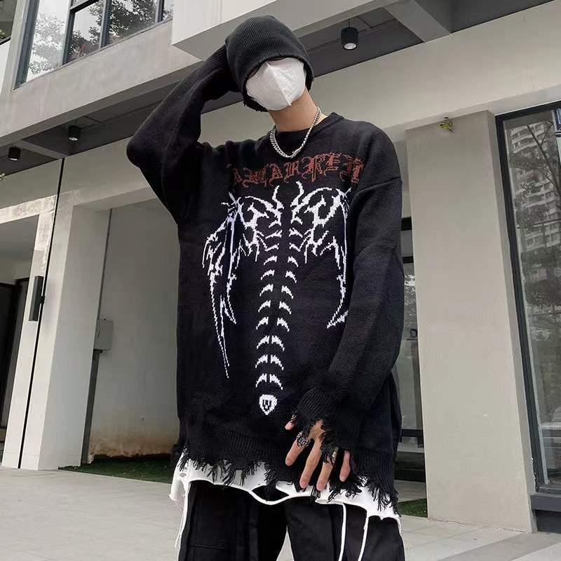 2022 Men Oversized Sweater Hip Hop Streetwear Knitted Jumper Sweaters Harajuku Bat Skeleton Print Gothic Pullover Couples Unisex