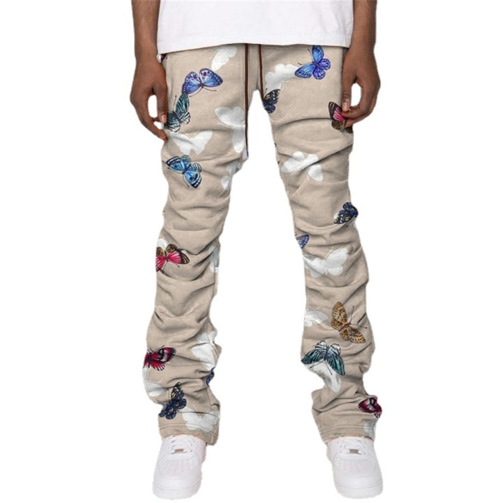 2023 Hip Hop Stacked Trousers Unisex Khaki Cargo Pants Butterfly Print Hippie Streetwear Plus Size 3XL Overalls