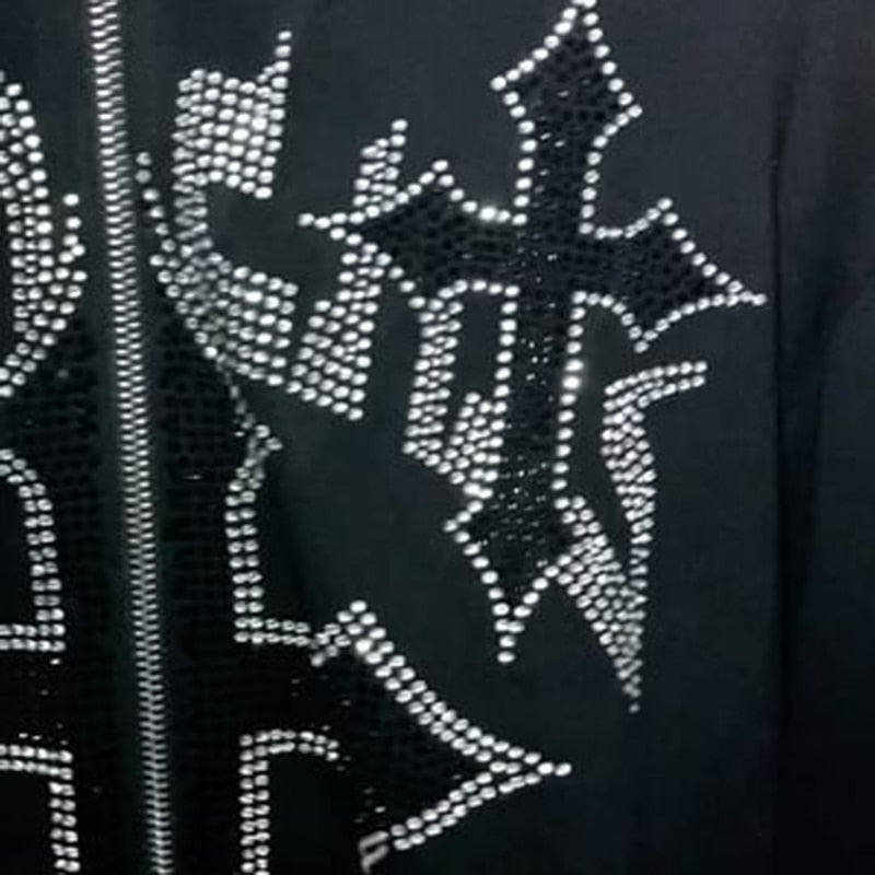 Sudadera con capucha Y2K para hombre, ropa con estampado gráfico de letras de diamantes de imitación, con cremallera, sudadera gótica de manga larga, Top de gran tamaño