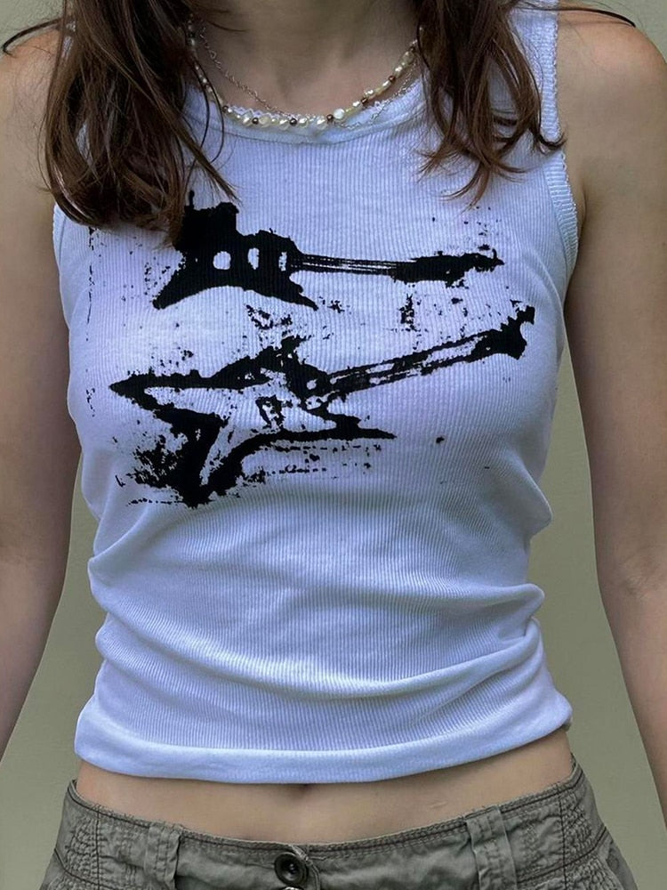 HEYounGIRL Guitar Print Sleeveless Tank Top Y2K Casual Ribbed Women Grunge Crop Top Harajuku Fashion Vest Tee 90s Street Outfits