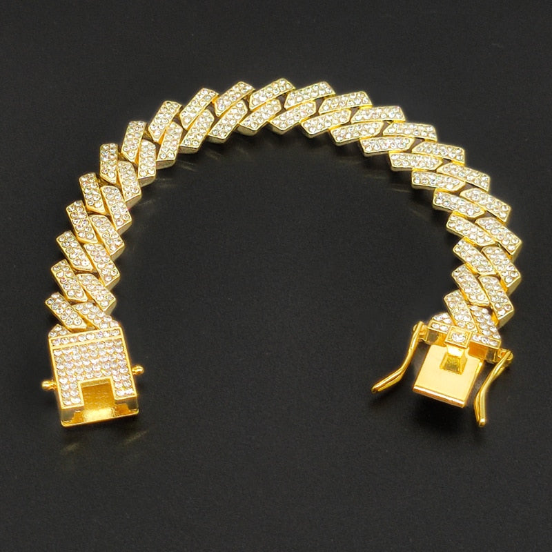 HipHop Men Women 13MM Prong Cuban Link Chain Bracelet Bling Iced Out 2 Row Rhinestone Paved Miami Rhombus Cuban Chain Jewelry