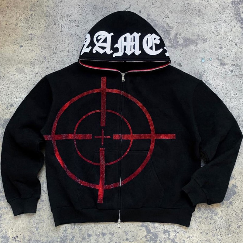 2022 Winter American Y2k High Street Red Black Hoodie Ironed Diamond Zip Up Cardigan Men Goth Couple Oversized Casual Sweatshirt