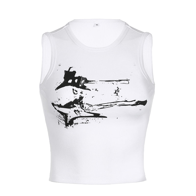 HEYounGIRL Guitar Print Sleeveless Tank Top Y2K Casual Ribbed Women Grunge Crop Top Harajuku Fashion Vest Tee 90s Street Outfits
