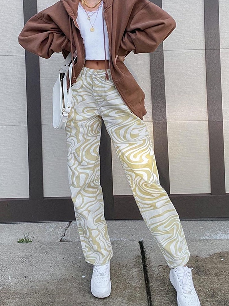 Y2K Zebra Print Straight Pants Capris Women Harajuku Baggy High Waist Casual Vintage Korean Style Streetwear Female 2020Iamhotty