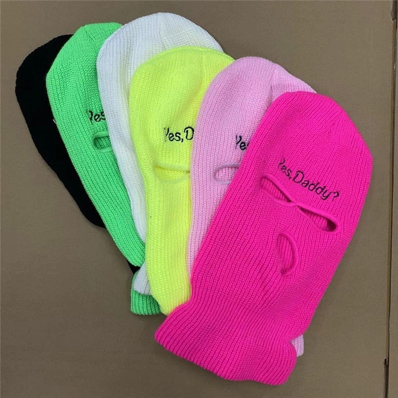 3Holes Winter Warm Unisex Balaclava Mask Hat Embroidery Full Face Mask Knitted Cycling Ski Snowboard Hat Cap Hip Hop Beanie Gift