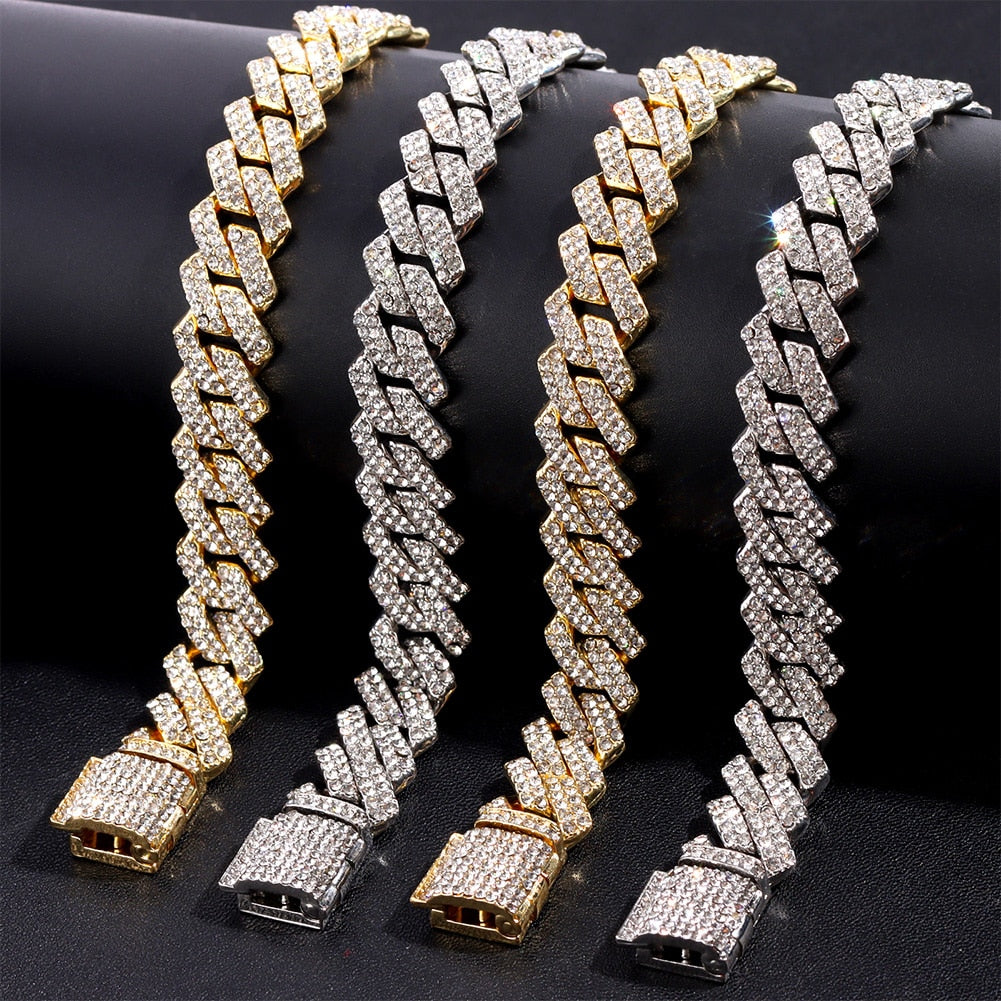 Hip Hop 14MM Prong Cuban Link Chain Necklace & Bracelet Iced Out Bling Cuban Chain Rhinestone Chains For Men Punk Rapper Jewelry