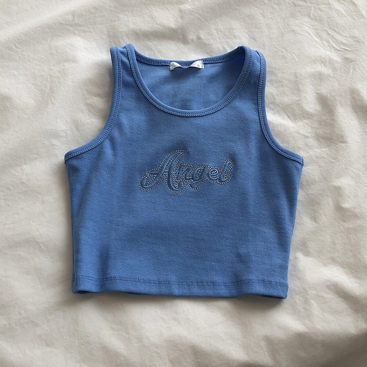 Embroidered Letters High Waist Crop Top Women Breathable Camisole Ribbed Solid Color Streetwear Y2K Gyaru Clothing Tank Top