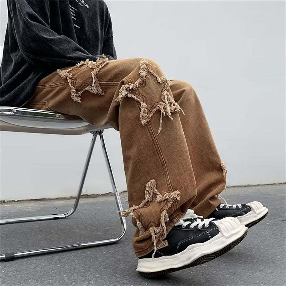 2022 New Fashion Stars Towel Embroidery Brown Baggy Men Jeans Pants Y2K Clothes Straight Hip Hop Cotton Trousers Pantalon Homme