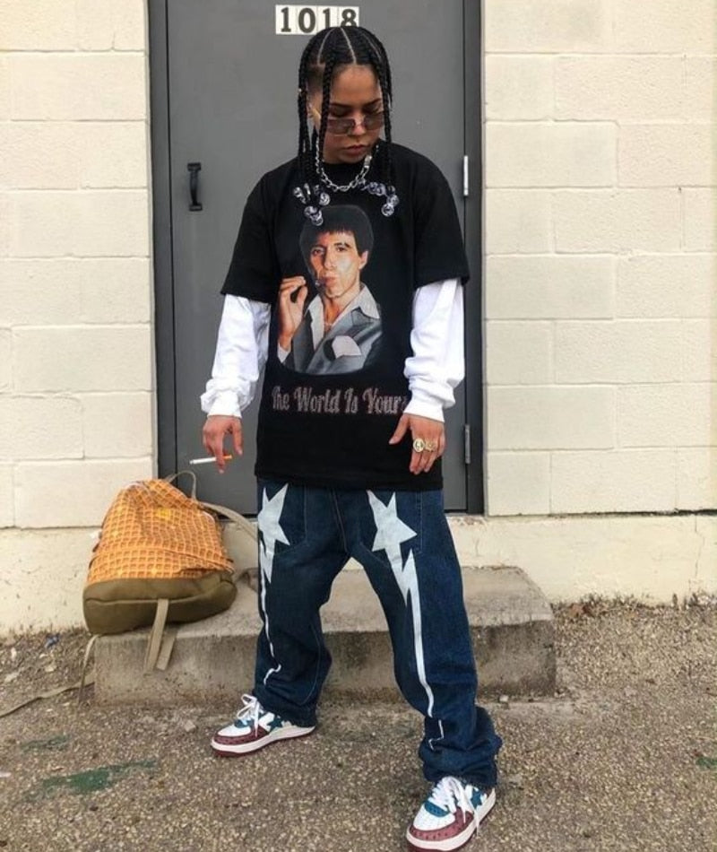 y2k baggy jeans women Retro Harajuku 2023 new lightning pattern printed jeans men's and women's street wear wide leg loose jeans