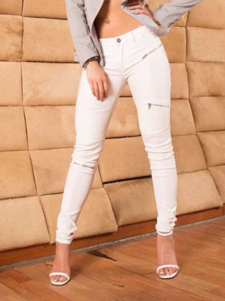 Low Waist Leather PU Pants Women Street Wear Fake Zippers White Cargo Slim Punk Push Up Fashion Skinny Elasticity Coated Jeans