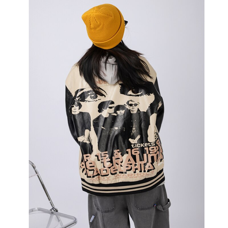 Beyzbol deri ceket erkekler portre mektubu Embroid motosiklet PU ceket erkek boy Varsity Vintage bombacı ceket Unisex yeni