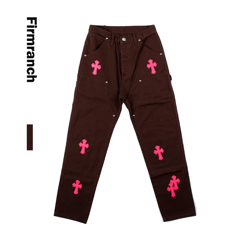Firmranch New Leather Pink Cross Jeans For Men/Women 2023 High Street Jeans Brown Straight Stacked Jeans Denim Moto