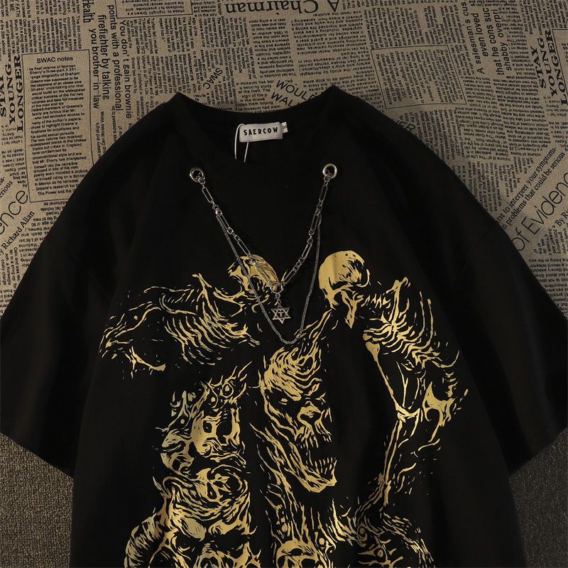 American style street dark skull style cotton short sleeved tshirt for men and women ins summer loose couple wear round neck top