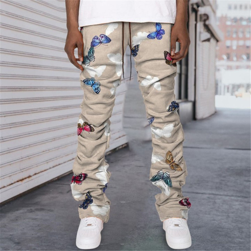 2023 Hip Hop Stacked Trousers Unisex Khaki Cargo Pants Butterfly Print Hippie Streetwear Plus Size 3XL Overalls