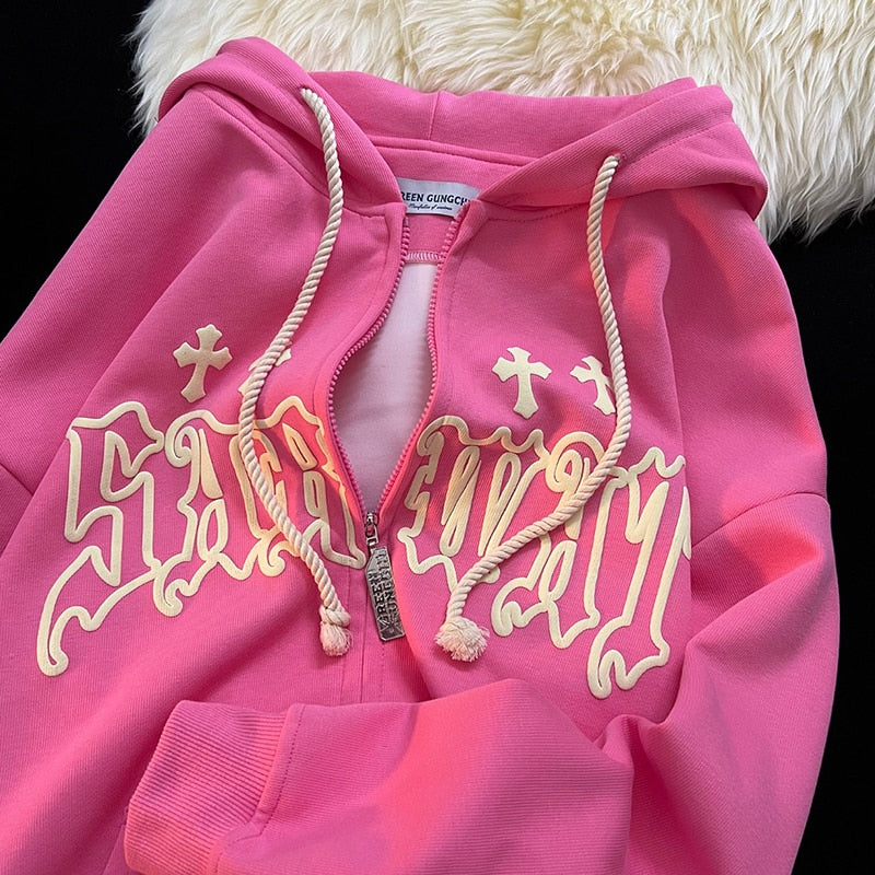 Goth Embroidery Hoodies Women High Street Harajuku Retro Hip Hop Zip Up Hoodie Loose Man Sweatshirt Hoodie Clothes Y2K Hoodie