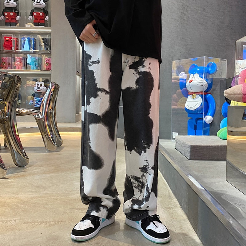 Geniş bacak kot adam düz kravat-boya kot Denim pantolon erkek kot erkekler için Streetwear Jean Baggy erkek boy erkekler Boys giyim