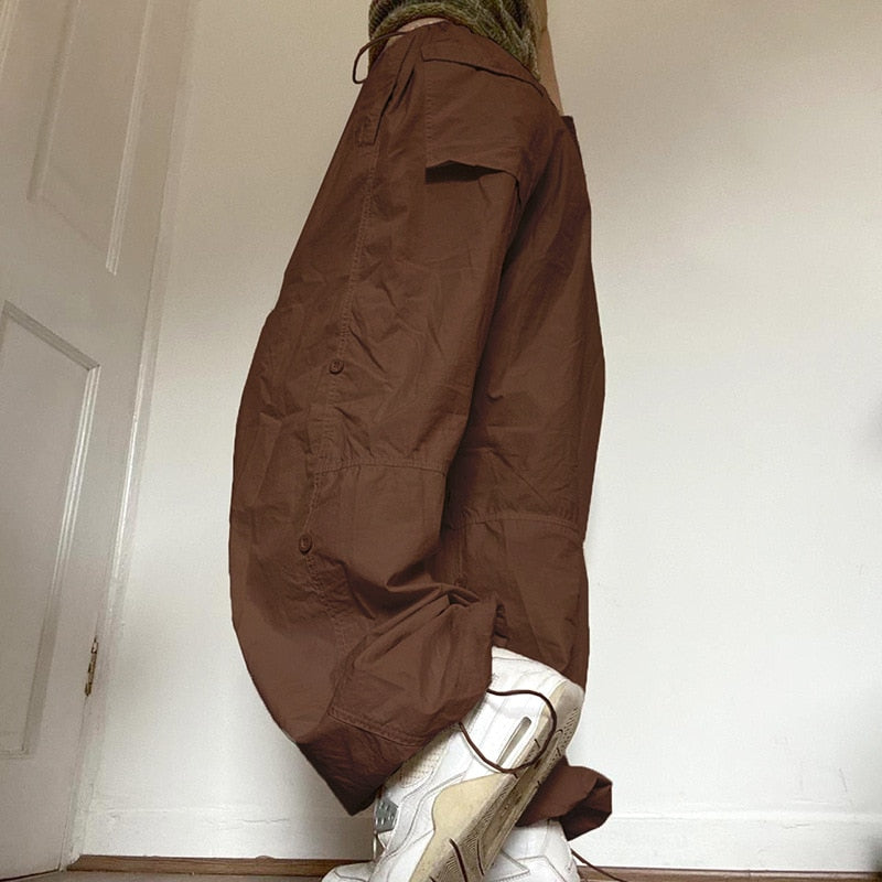 Women Casual Joggers Tech Pants Oversized Solid Low Waist Drawstring Baggy Trousers Y2K Fashion Wide Leg Cargo Pants Streetwear