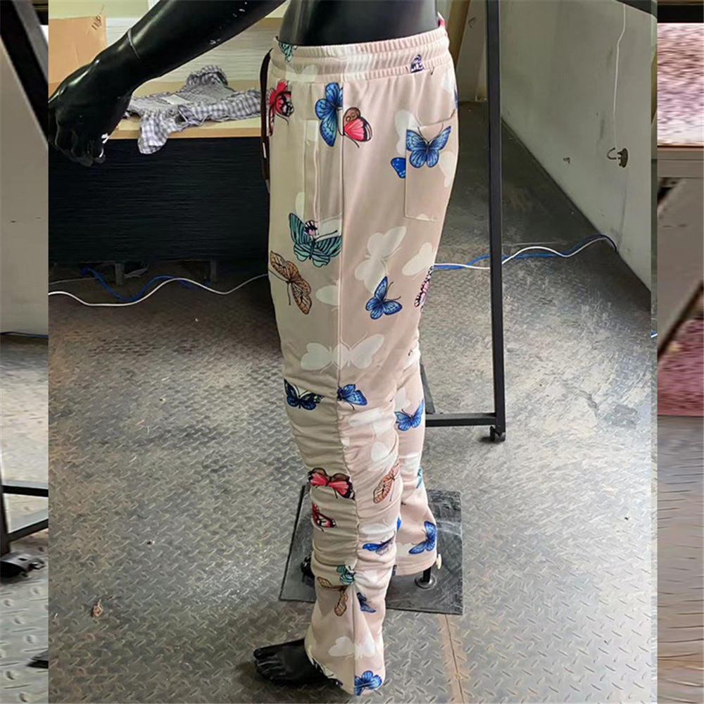 2023 Hip Hop Stacked Trousers Unisex Khaki Cargo Pants Butterfly Print Hippie Streetwear Plus Size 3XL Overalls