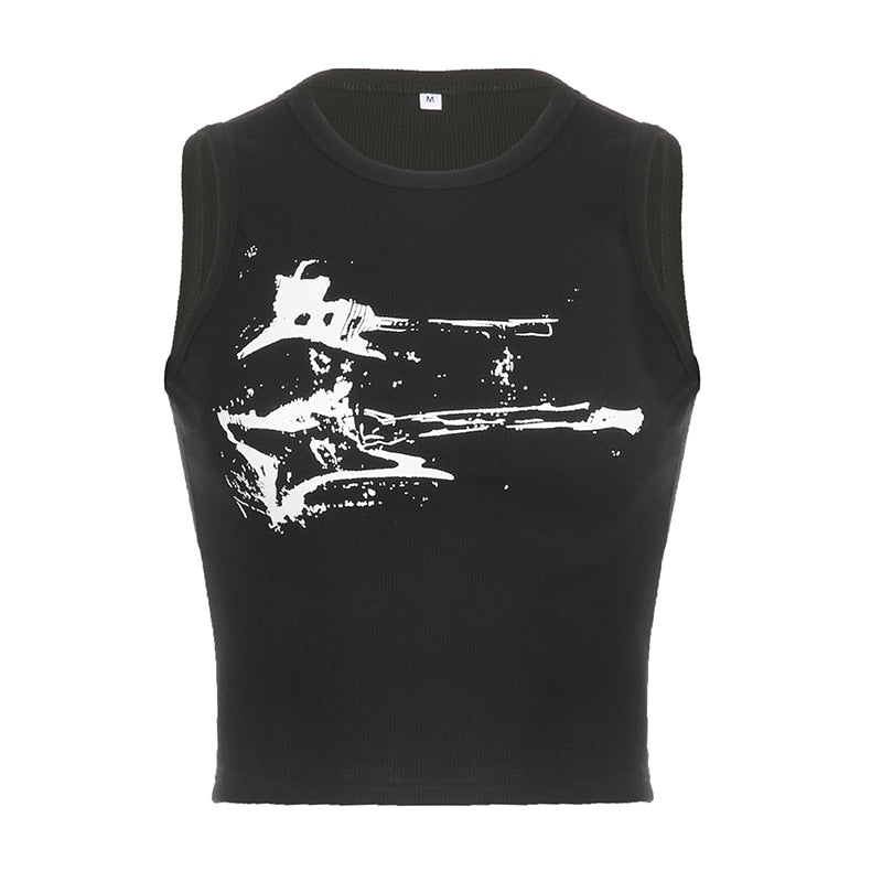 HEYounGIRL Guitar Print Sleeveless Tank Top Y2K Casual Ribbed Women Grunge Crop Top Harajuku Fashion Vest Tee 90s Street Outfits