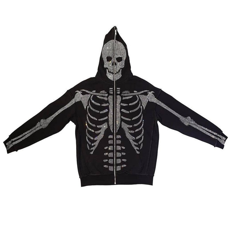 2022 Winter American Y2k High Street Red Black Hoodie Ironed Diamond Zip Up Cardigan Men Goth Couple Oversized Casual Sweatshirt