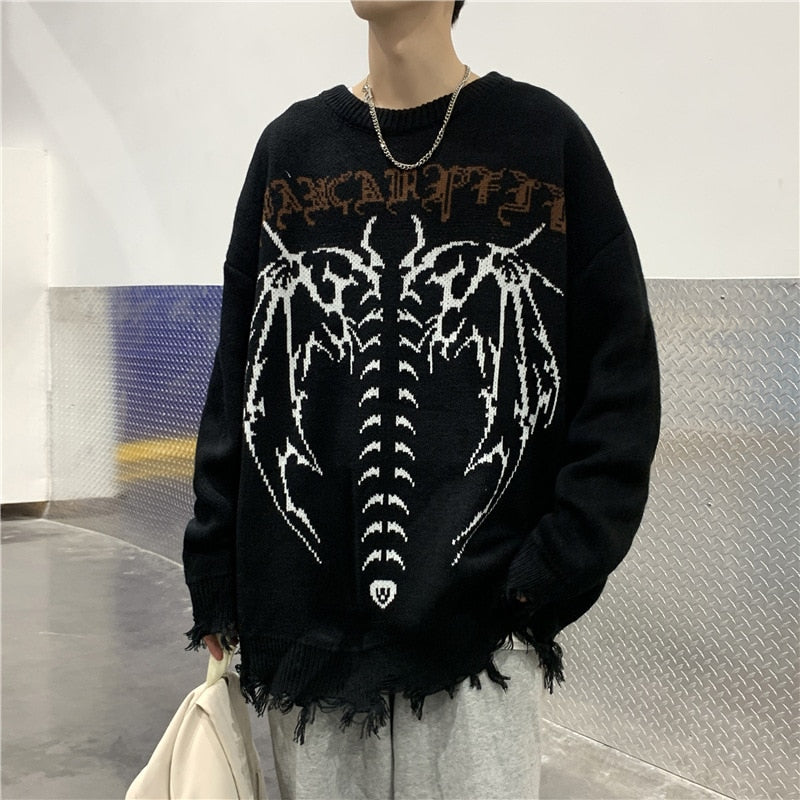 2022 Men Oversized Sweater Hip Hop Streetwear Knitted Jumper Sweaters Harajuku Bat Skeleton Print Gothic Pullover Couples Unisex