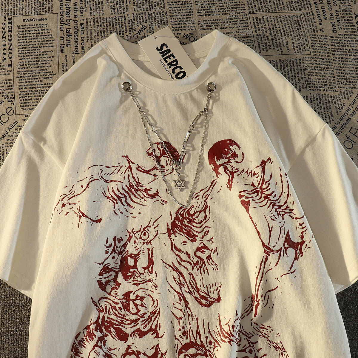 American style street dark skull style cotton short sleeved tshirt for men and women ins summer loose couple wear round neck top