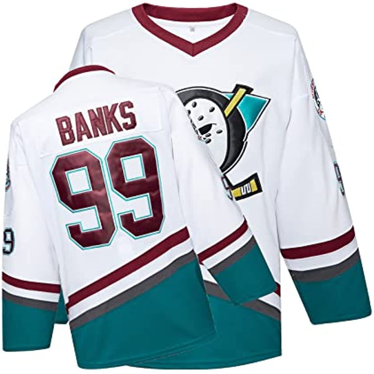 Sport Games League 96# CONWAY Mens Adam BANKS 99# Mighty Ducks Movie Ice Hockey Jerseys Stitched White S-3XL