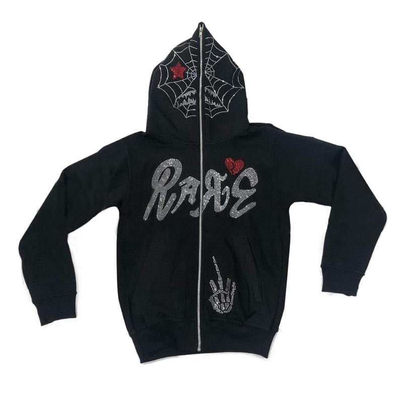 Men Y2K Full Zip Up Hoodie Gothic Streetwear Rhinestones Spider Web Jacket Coat Hip Hop Long Sleeve Oversized Hooded Sweatshirts