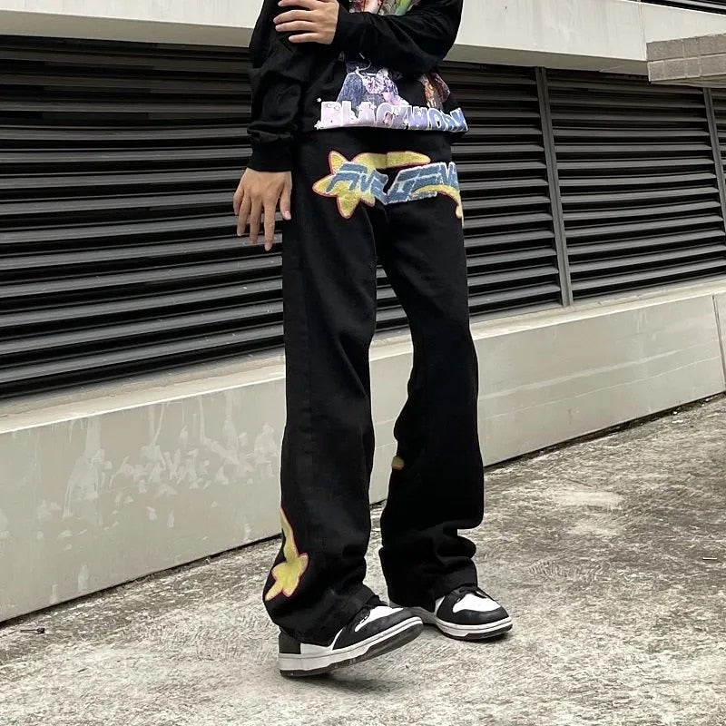 Y2K Retro Embroidered Denim Trousers Men's High Street Wide Leg Pants Street Loose Casual Jeans Letter Patch Pants Men's