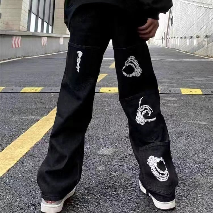 Y2K Retro Embroidered Denim Trousers Men's High Street Wide Leg Pants Street Loose Casual Jeans Letter Patch Pants Men's