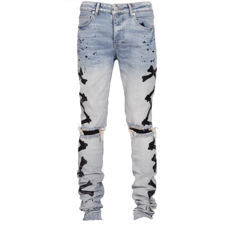 Ripped Jeans For Men Stretch Slim Printed Bones Skinny Pants Men Hip Hop Denim Trousers Streetwear Casual Stacked Jeans Blue