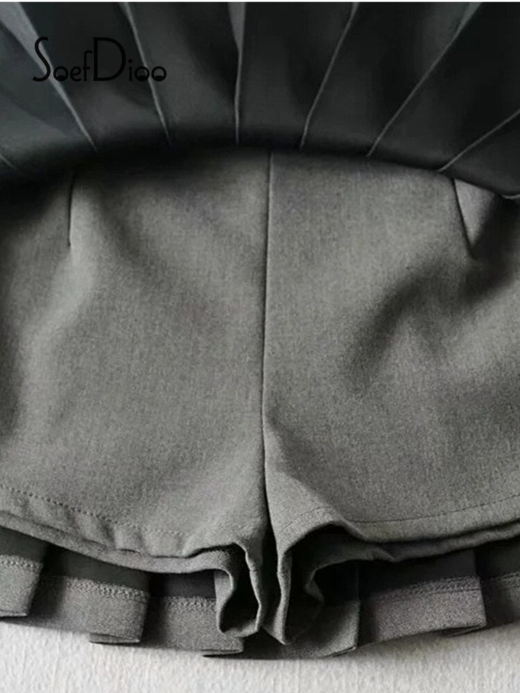 Soefdioo Women Fashion Pleated Shorts Skirts Vintage High Waist Side Zipper Skort Autumn 2022 Female Bottoms High Street Wear