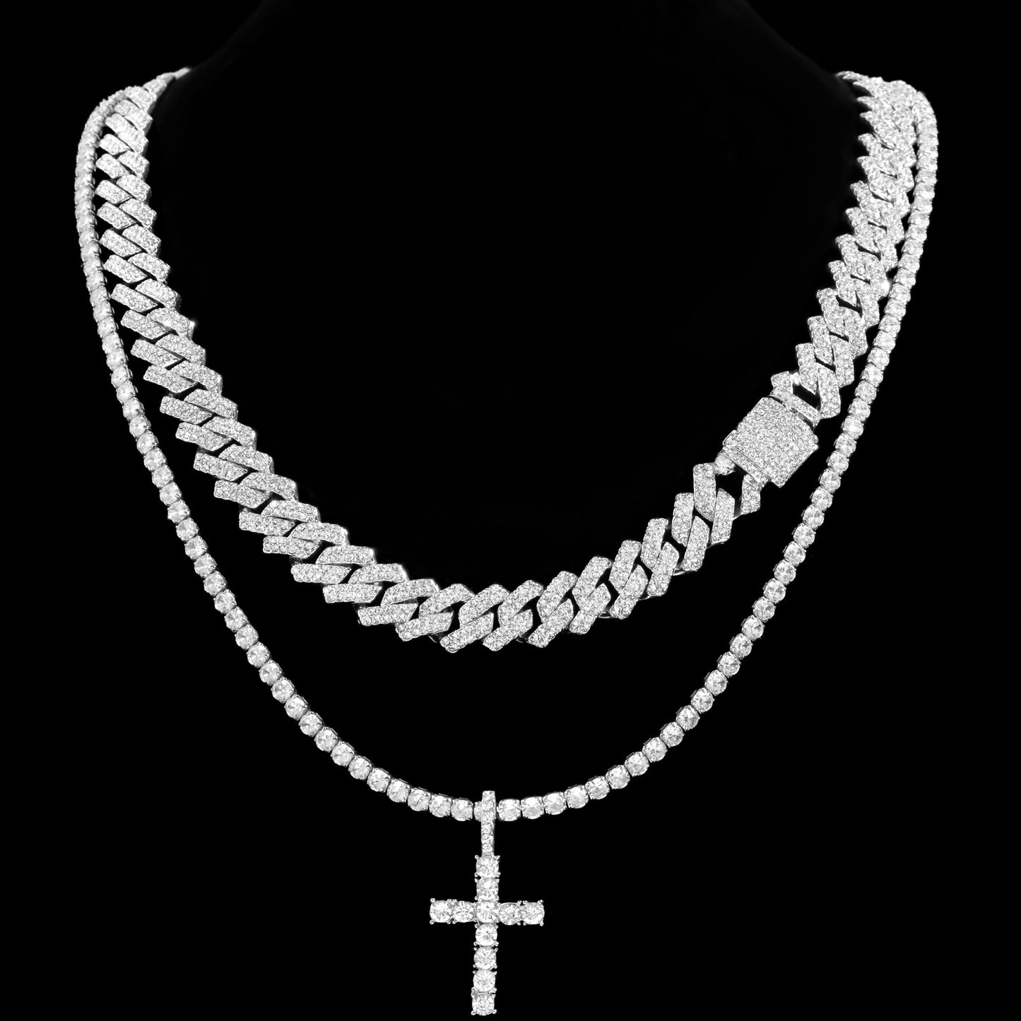 Hip Hop 2pcs Cross Tennis Chain 14MM Prong Cuban Necklace For Men Women Iced Out 2 Row Cuban Link Chain Necklaces Couple Jewelry