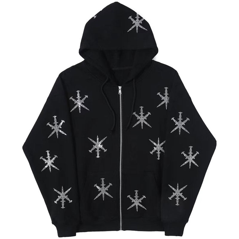 2022 Winter American Y2k High Street Red Black Hoodie Ironed Diamond Zip Up Cardigan Men Goth Couple Oversized Casual Sweatshirt